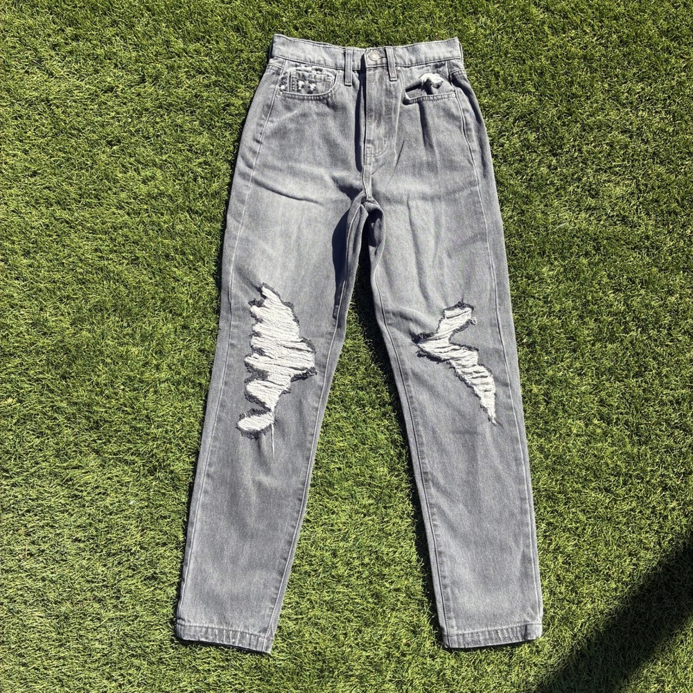 RSQ Women 26x28 Distressed High Rise Mom Jeans Faded Grey Ripped Denim Pants Y2K